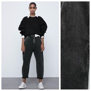 Zara Button Fly High Rise Elastic Waist Paperbag Black Baggy Jeans Womens Sz 0